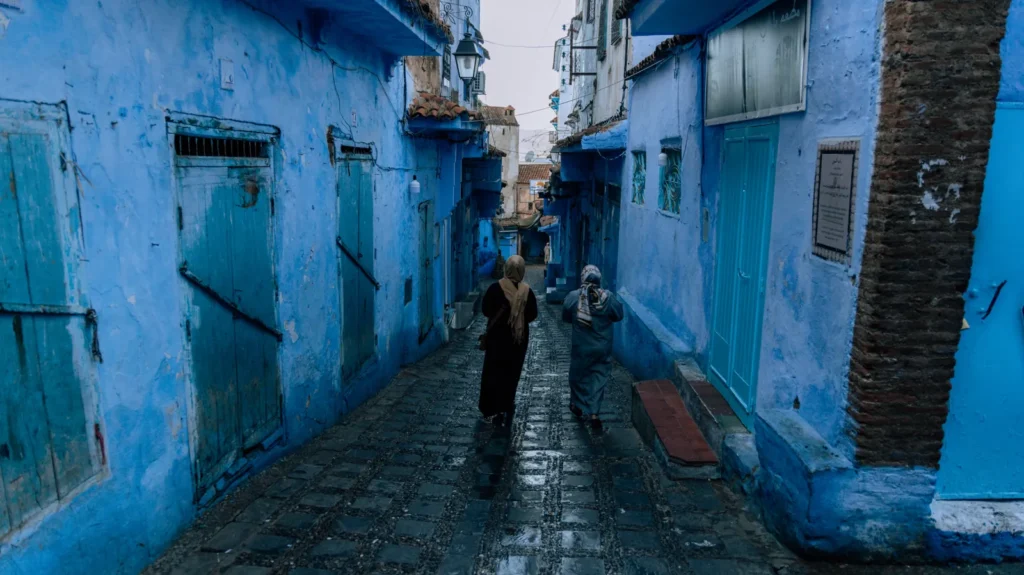 Blue-washed street in Chefchaouen on night 1