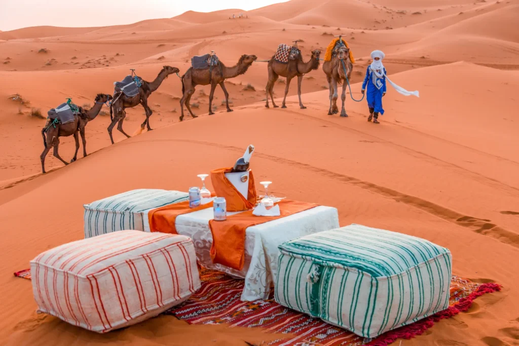 Desert camp lounge at sunset
