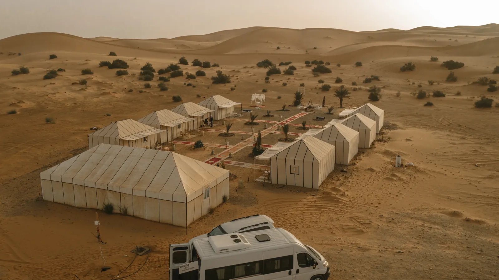 Campamento al atardecer entre las dunas del Erg Chebbi, cerca de Merzouga