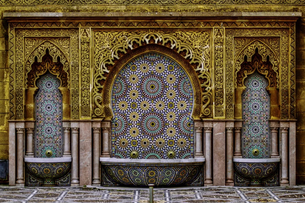 Hand-cut zellige fountain in a Moroccan imperial city