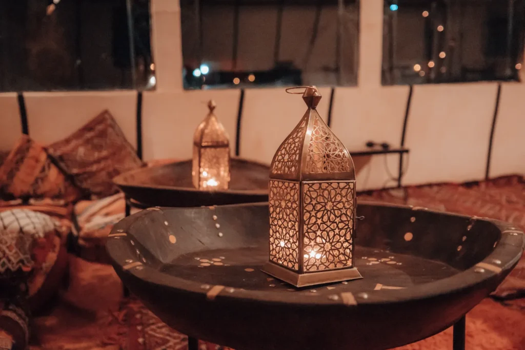 Lantern-lit tent in the luxury desert camp in Merzouga